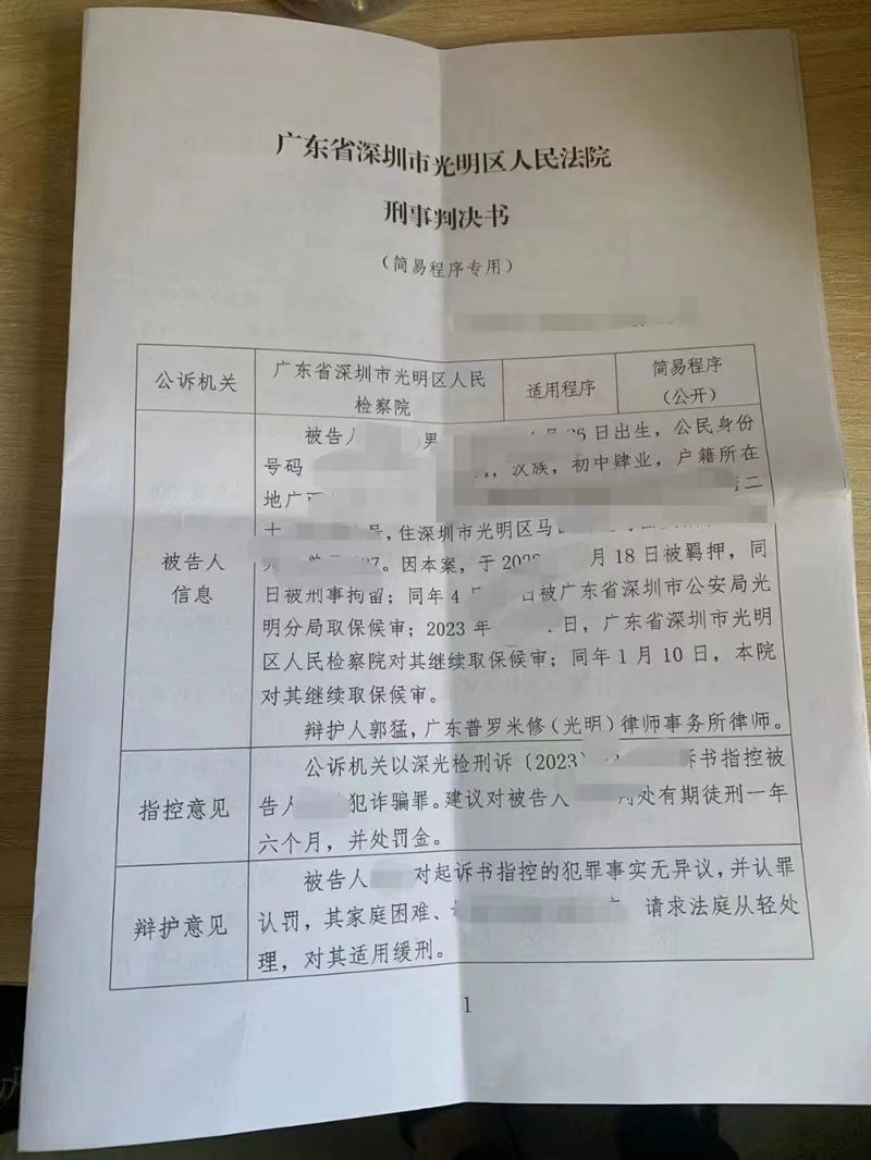 诈骗罪缓刑判决书